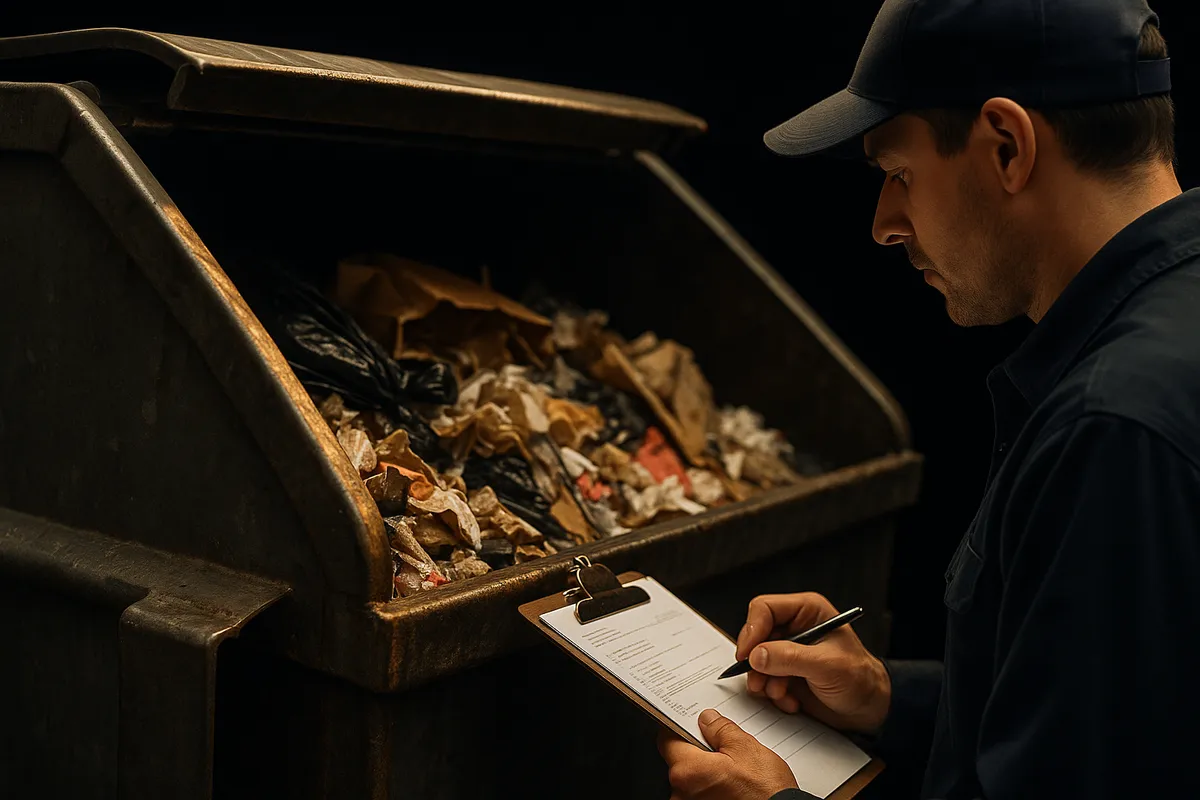 A worker in uniform inspects a metal dumpster filled with debris, emphasizing the importance of evaluating junk removal.