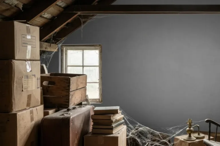 A cluttered attic filled with storage boxes and cobwebs, illustrating the need for junk removal services.