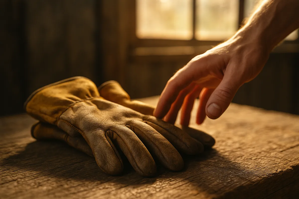 A hand reaches for worn leather work gloves on a wooden surface, ready for stress-free junk removal.