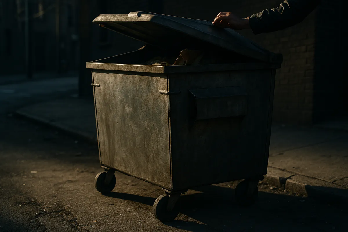 A person lifting the lid of a weathered metal dumpster on a gritty street, revealing clutter inside.