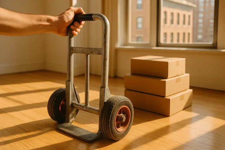 A hand truck on a wooden floor with sunlight, ready to lift cardboard boxes for easy junk removal.