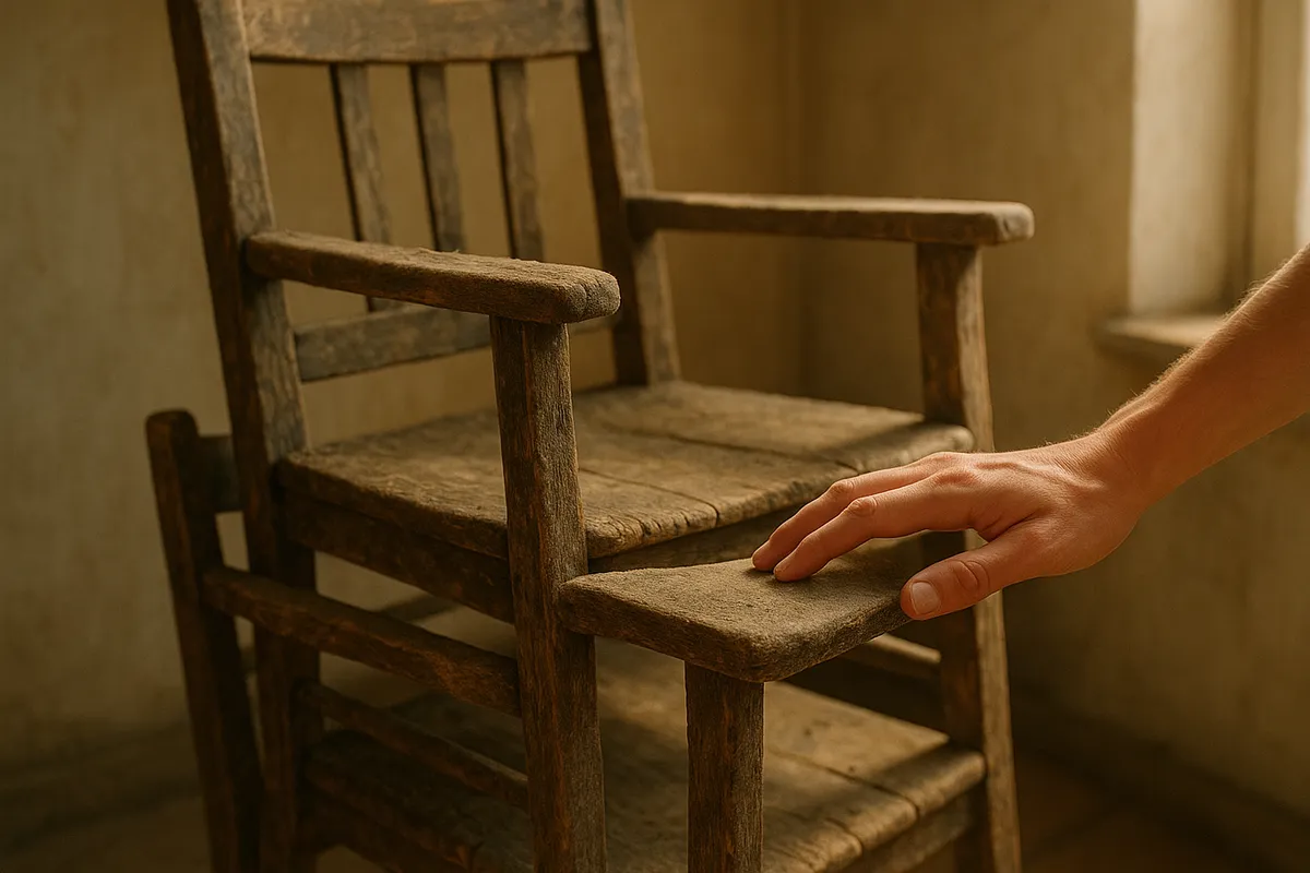Worn wooden chairs stacked in a sunlit room, one dusty, as a hand contemplates their fate amidst clutter.