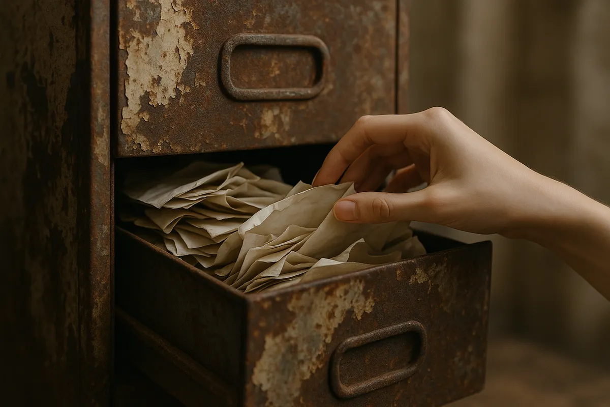 A rusty filing cabinet with crumpled papers spilling out as a hand sifts through the clutter.