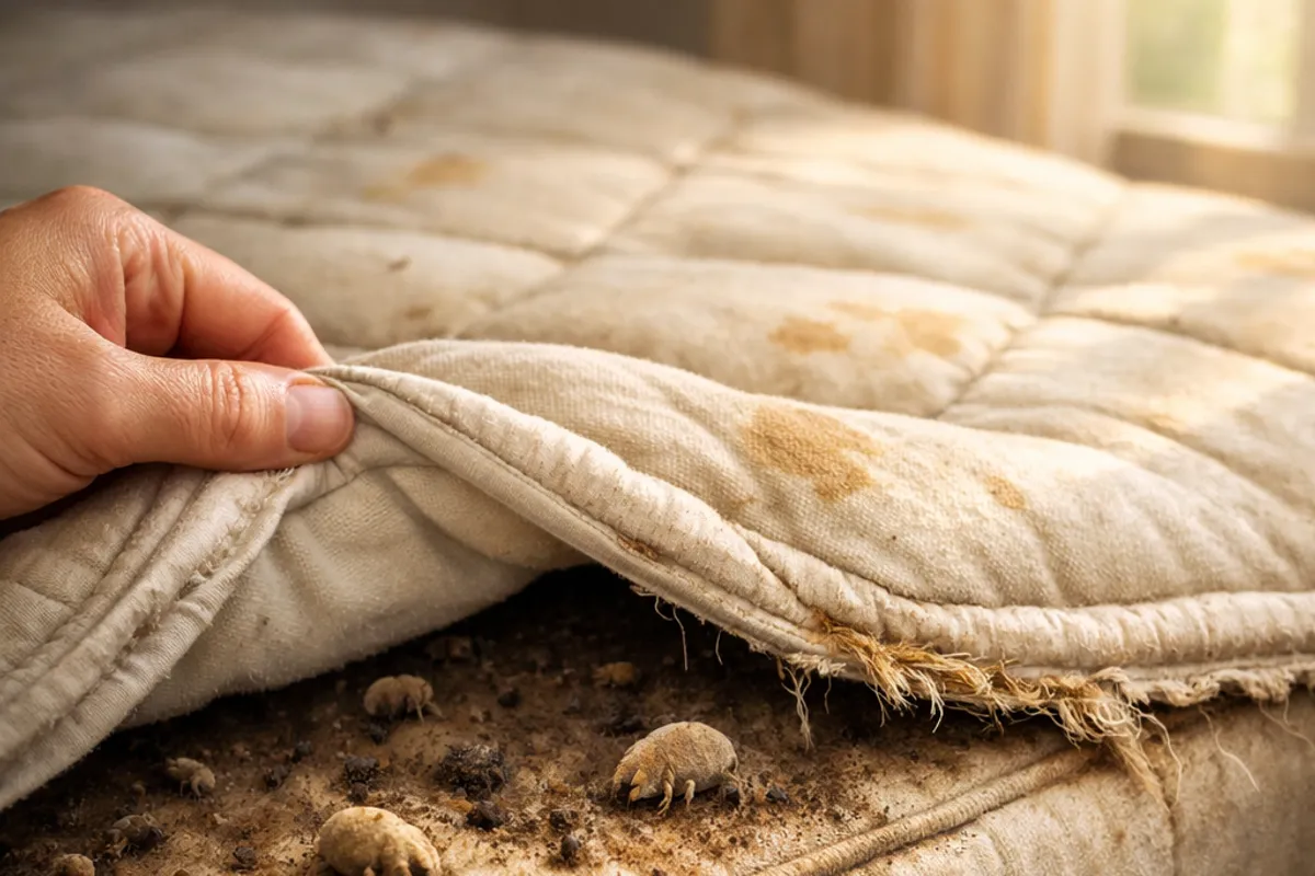 A worn-out mattress with sagging, stains, and dust mites, highlighting potential health risks.