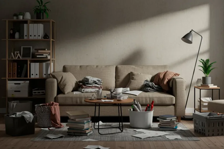 A cluttered living room with disorganized furniture, highlighting the need for furniture removal.