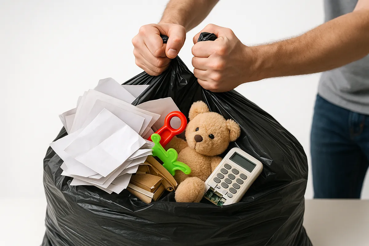 Hands gripping a heavy-duty trash bag filled with clutter, symbolizing the effort of decluttering during cleanouts.