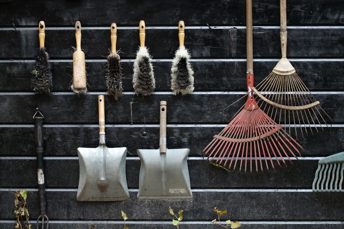 Garden tools neatly arranged on a rustic wooden wall, symbolizing organization for effective cleanouts.
