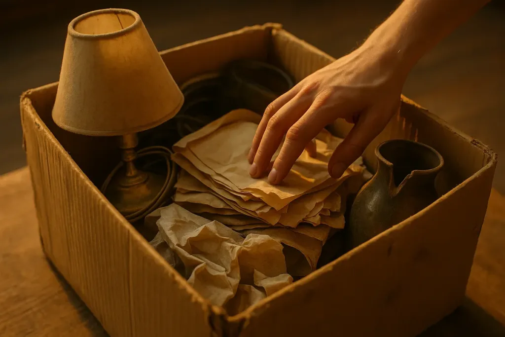 A hand sifts through a cluttered box of old household items, highlighting the need for junk removal.