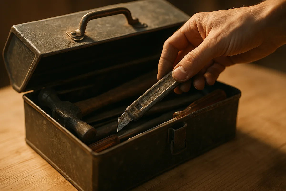A close-up of a half-open toolbox with tools and a hand reaching for a dusty item, evoking a cluttered space.