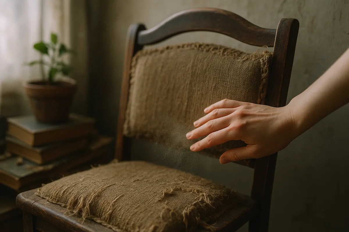 A vintage wooden chair with frayed upholstery leans against a wall, surrounded by clutter, as dust is brushed off.