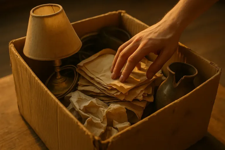 A hand sifts through a cluttered box of old household items, highlighting the need for junk removal.